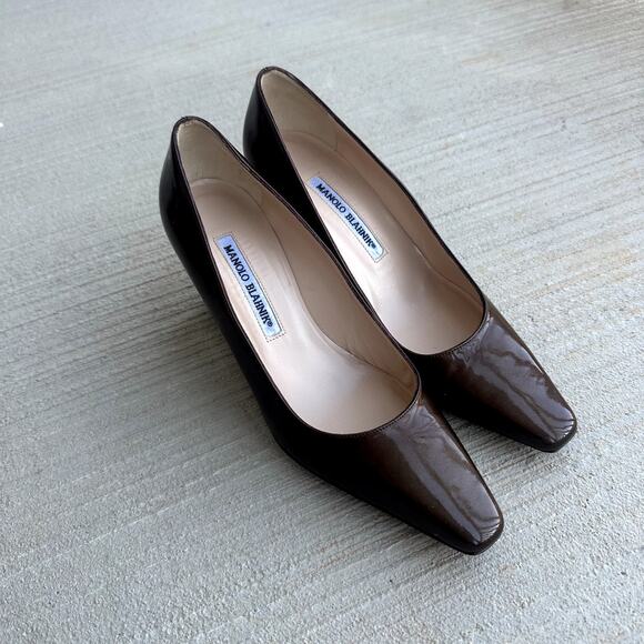 Manolo Blahniks Dark Brown Patent Leather Square Toe Pump US 7 - Picture 2 of 12
